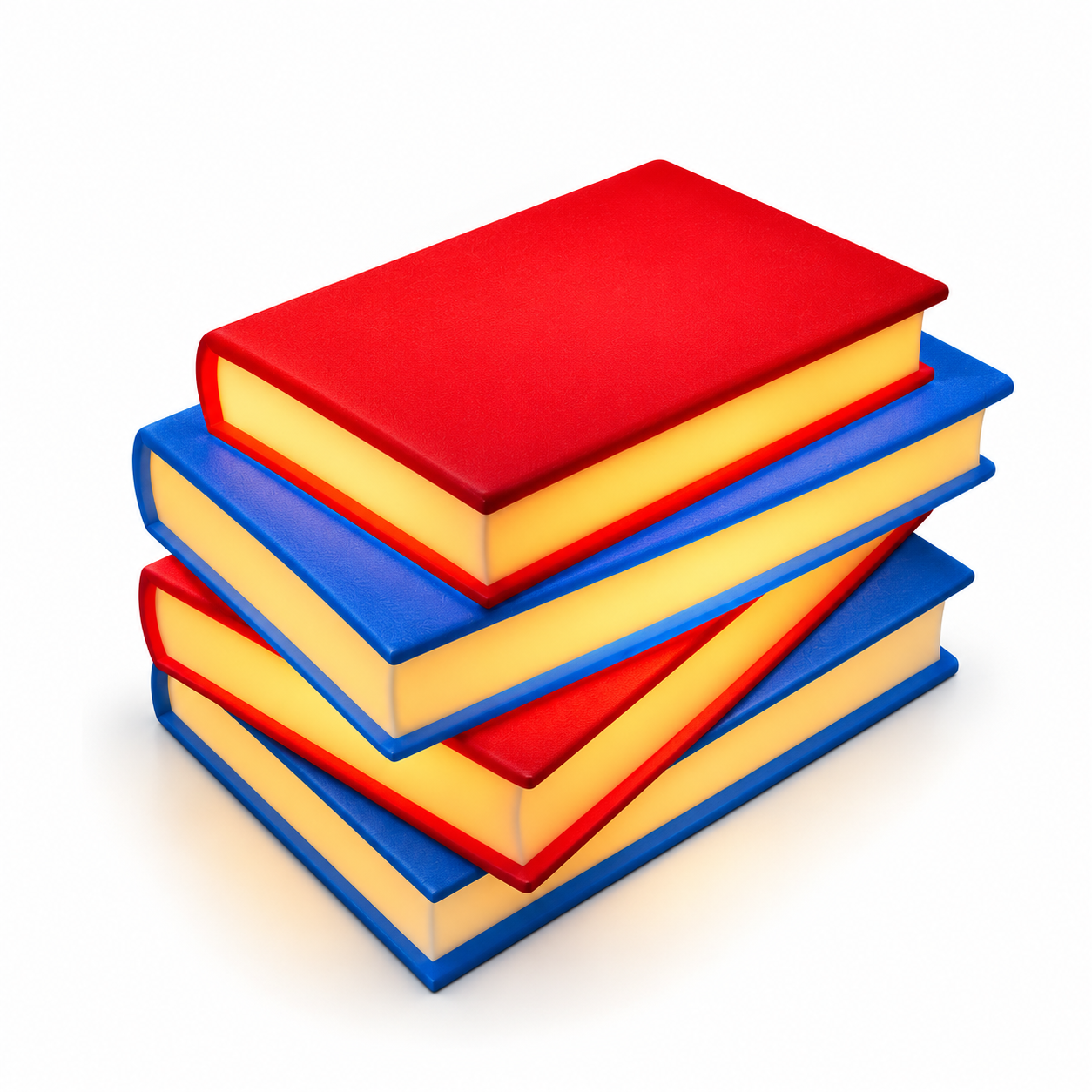 Vibrant red and blue light up stack of books with a white background.